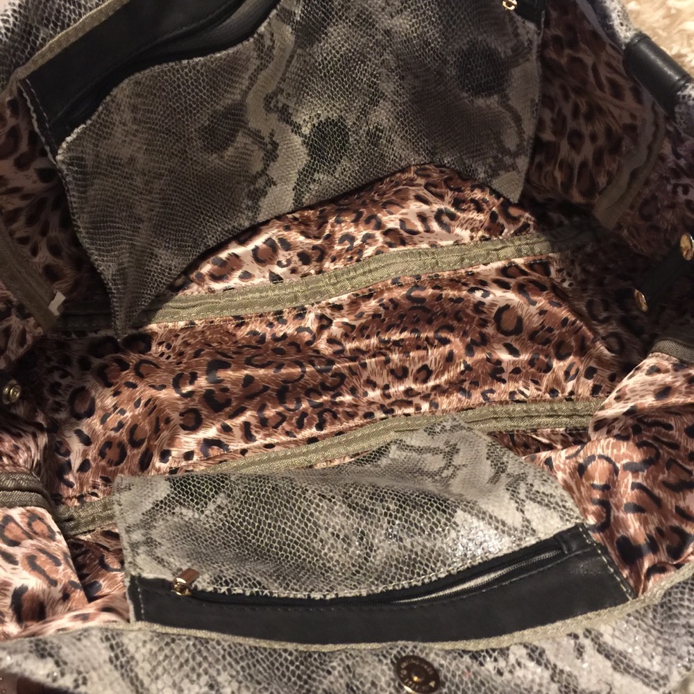 Snake Python Print 2 Handle Taupe Gray Black Embe… - image 7